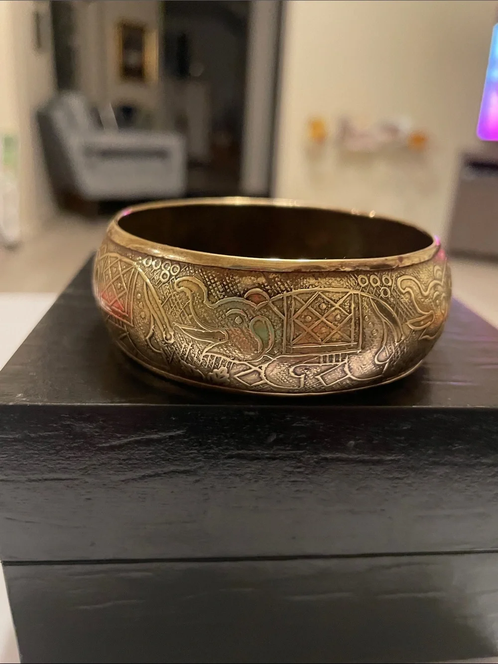 Gold-Tone Engraved Wide Bangle Bracelet - Elegant Women's Jewelry